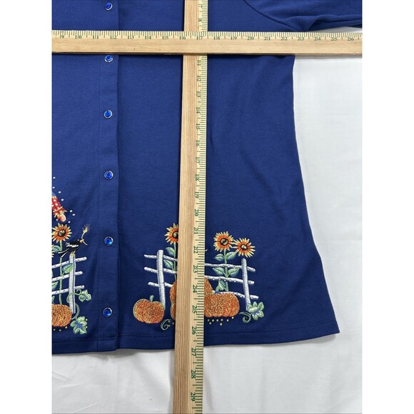 Quacker Factory Cardigan Blue Large Fall Scarecrow Pumpkin Sunflower Embroidered - Picture 7 of 9